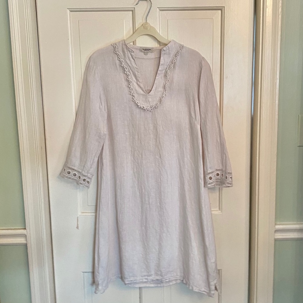 Natural linen tunic dress with eyelet/lace trim